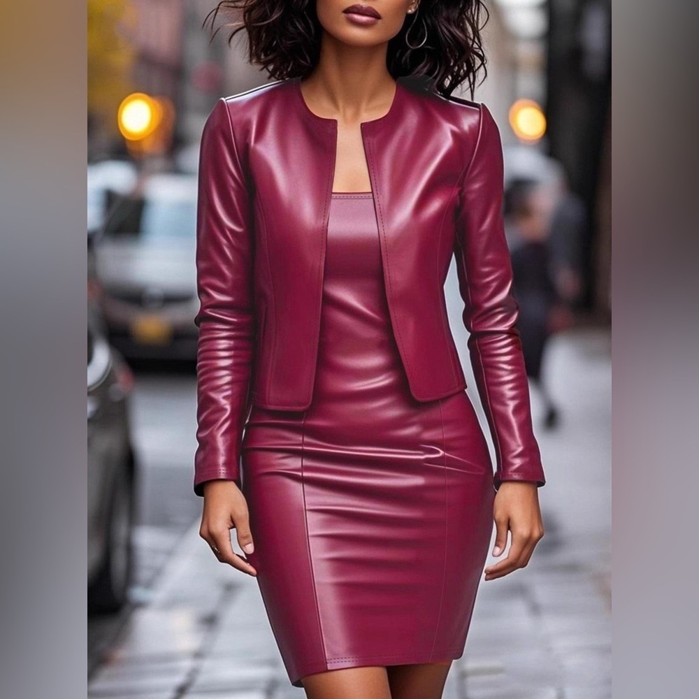 Open Front Leather Jacket & Dress Set